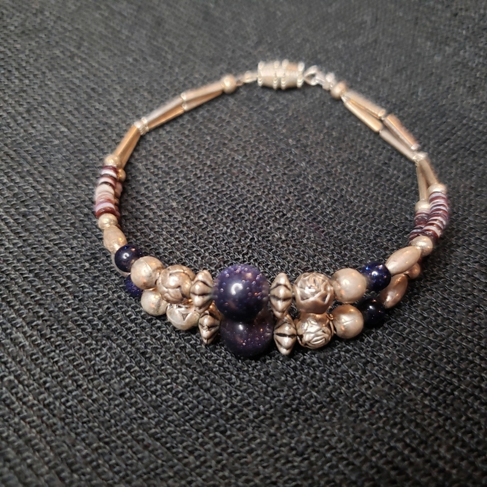 Amethyst And Silver Toned Bohemian Beaded Bracelet